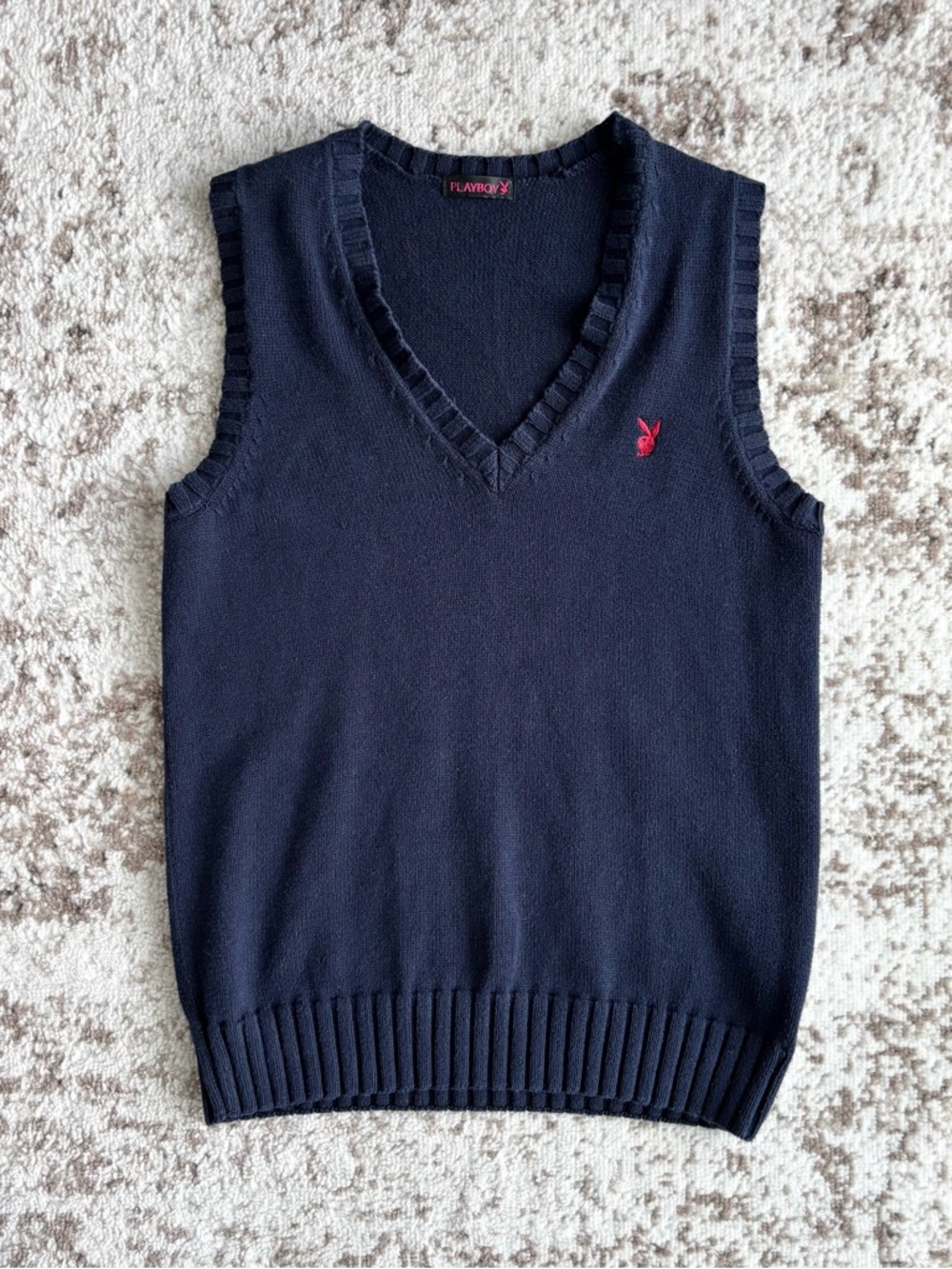 Vintage PLAYBOY Dark Navy V-Neck Sweater Vest with Red Bunny Logo